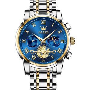 Olevs Men's Gold Silver Band and Blue Minimal Waterproof Stainless Steel Watch